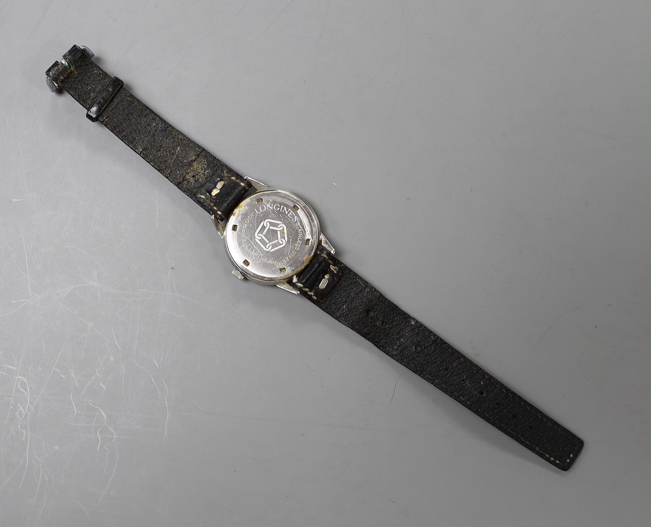 A gentleman's stainless steel Longines Jamboree manual wind wrist watch, on a later leather strap.